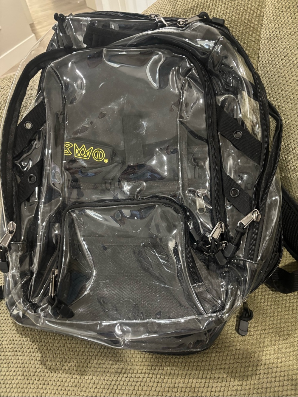 Clear Black PVC Backpack with Yellow Logo Accent